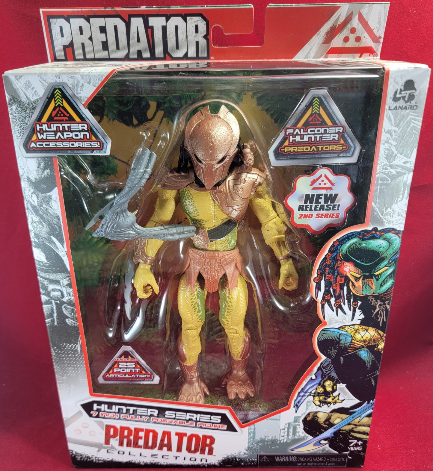 7 inch falconer hunter predator (nib) Brand new fully poseable Wal-Mart exclusive jungle hunter predator. 25 point articulation figure from lanard. Excellent condition except for one of the weapons is loose in the packaging.