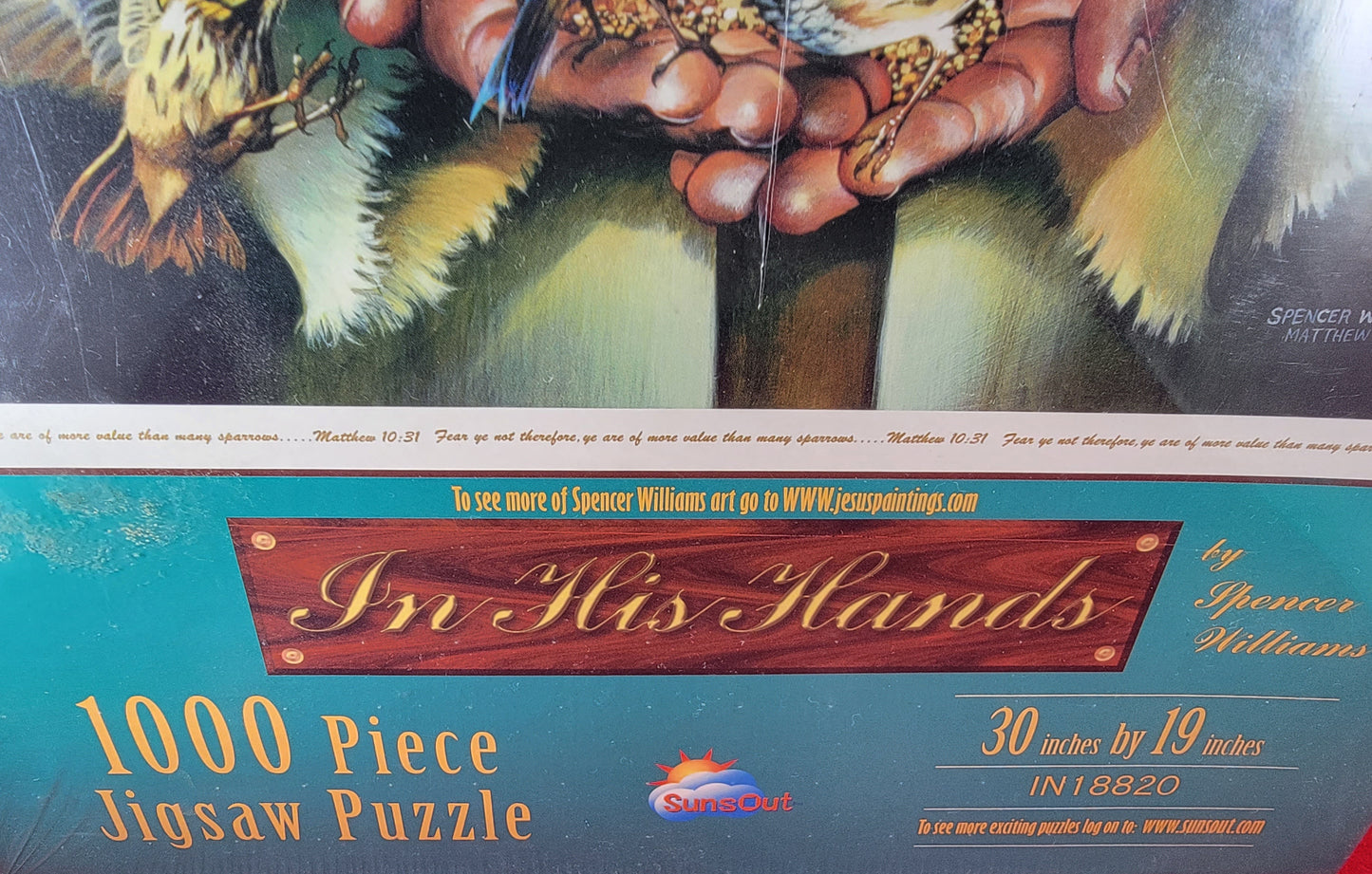 In his hands, 1000 piece jigsaw puzzle (nib)
brand new 30 inches by 19 inches puzzle. puzzle depicts Jesus with his hands out feeding the birds . the item is new and sealed.