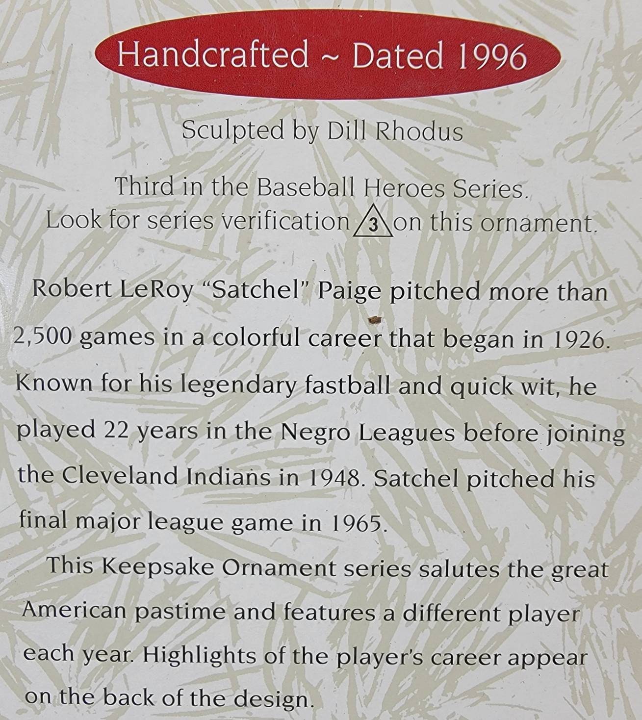 Brand new Satchel paige hallmark keepsake 1996 (nib)